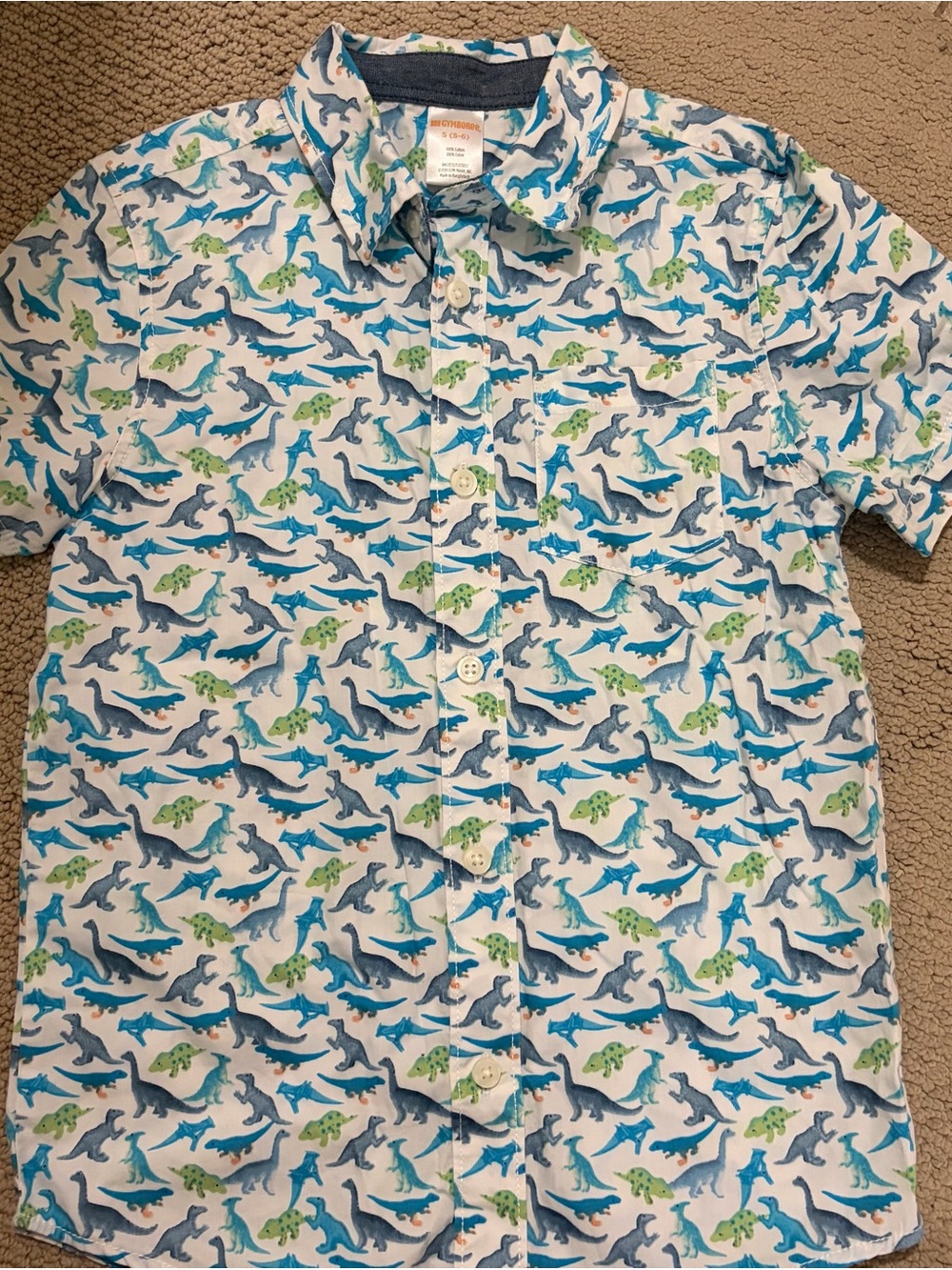 Boys White Short-Sleeve Dino Print Button-Up Shirt: kids Dinosaur shirt